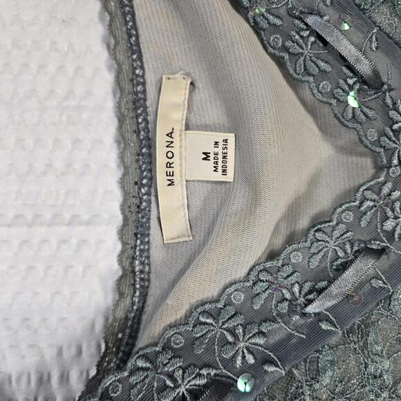 Merona Lace Cap Sleeve Top Medium Teal Sheer Floral Embroidered Romantic Mermaid - Picture 4 of 8